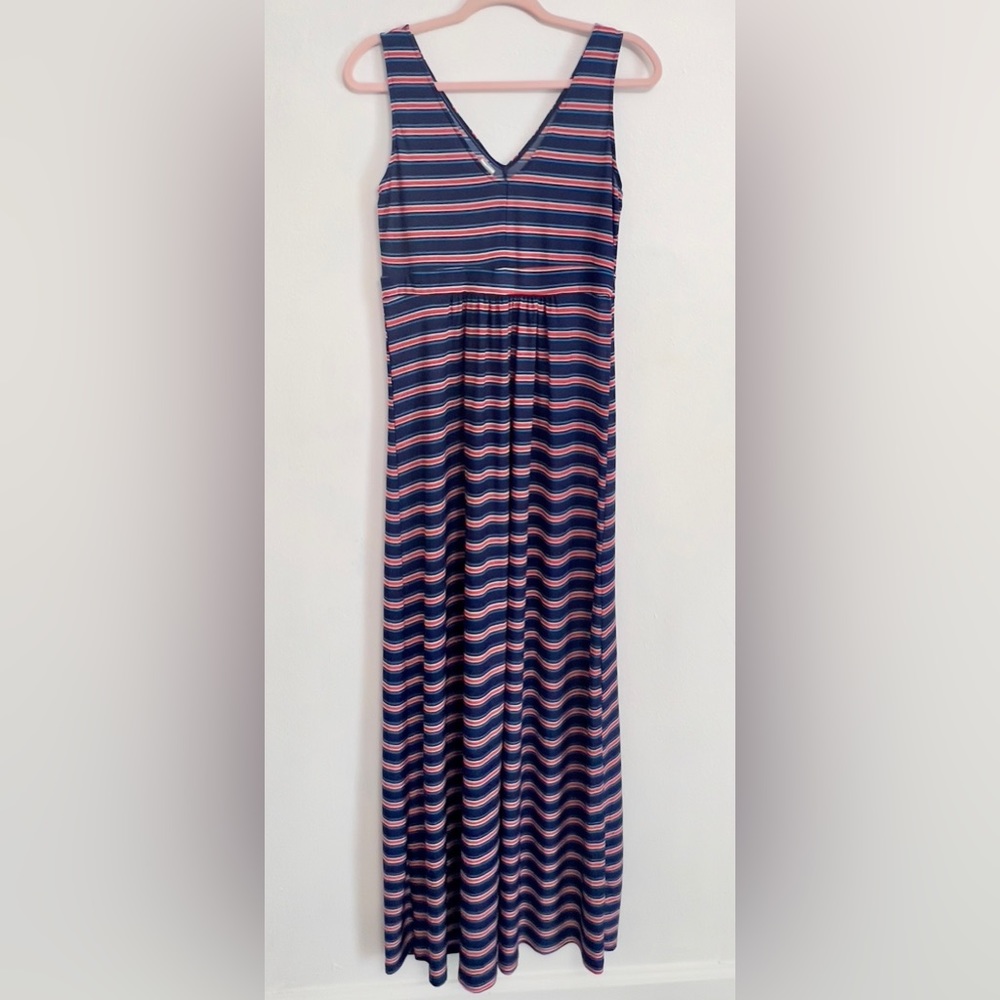 Striped Navy and Red V-Neck Maxi Dress